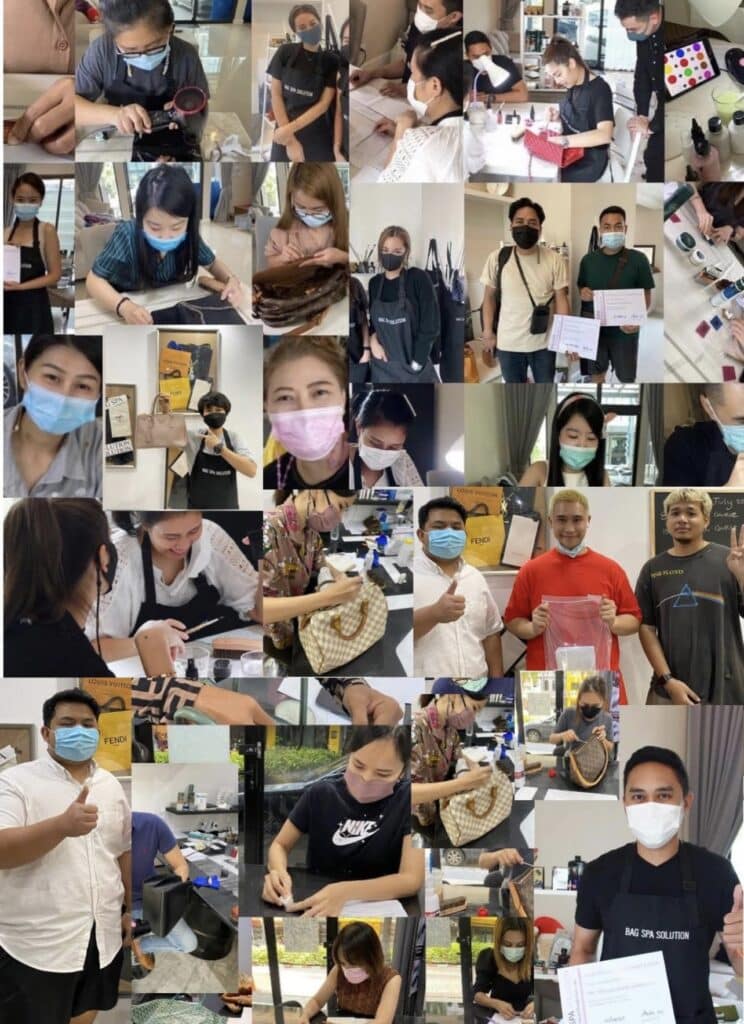 ภาพลูกค้าและนักเรียนระหว่างเรียนคอร์สซ่อมและฟื้นฟูกระเป๋ากับ Bag Spa Solution